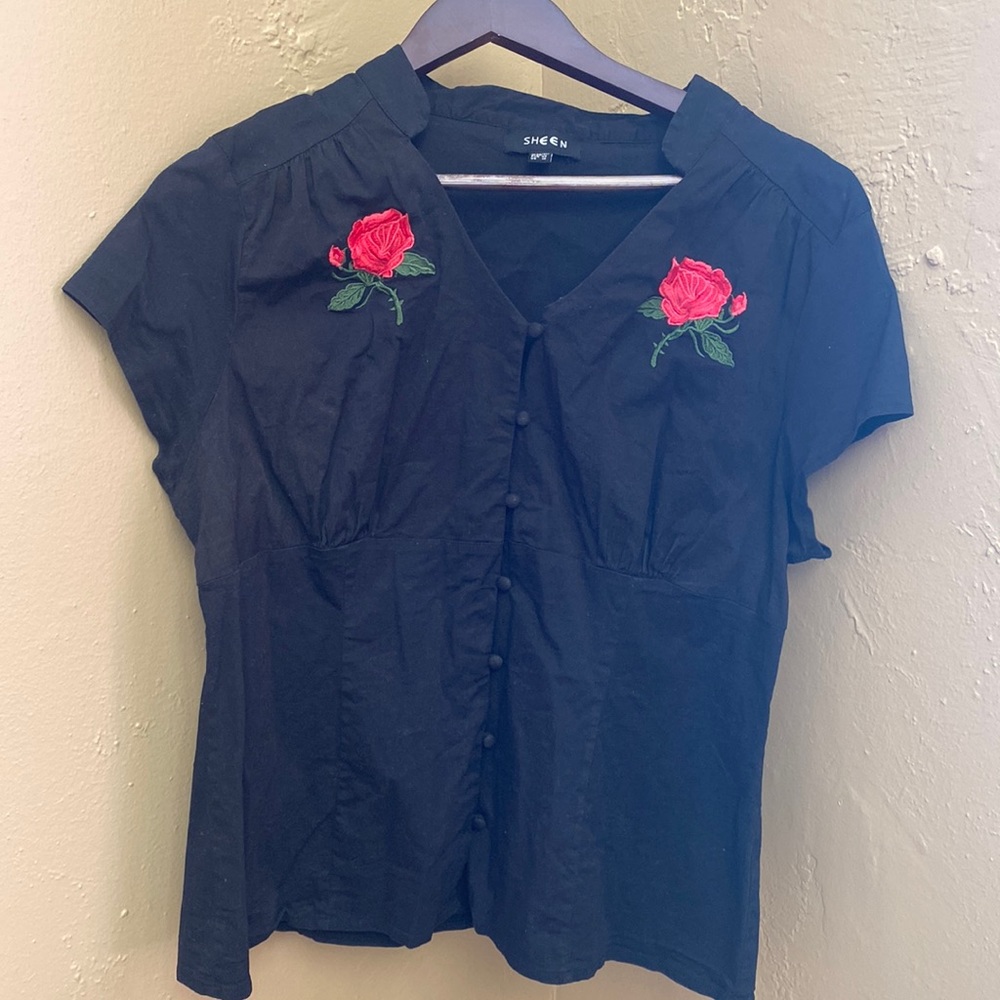 Black & Red Rose Button Up Sheen Blouse